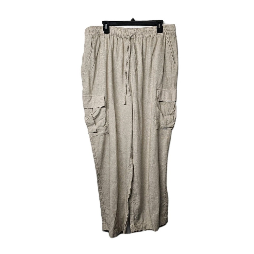 Serra Pants Womens Size Large Viscose Linen Pants Pockets Tan Stretchy Drawstrin